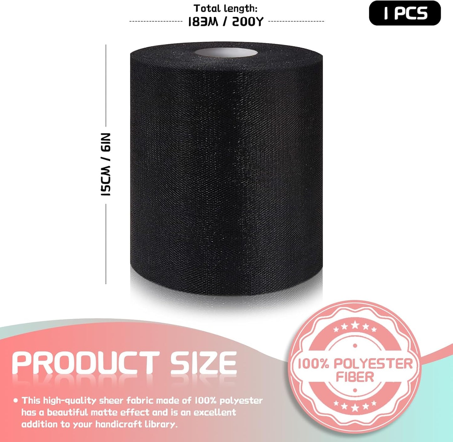 6" x 200 Yards Black Tulle Fabric Rolls, Black Spool Tulle Ribbon for DIY Tutu Skirt Black Wedding Decoration Baby Shower Birthday Party Backdrop Gift Wrapping Bow Craft Supplies