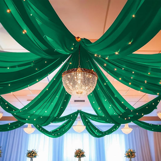 6 Panels Emerald Green Ceiling Drapes for Wedding 5ftx10ft Chiffon Fabric Arch Draping Curtains Sheer Drapery for Party Ceremony Birthday Baby Shower Reception Stage Swag Ceiling Decorations