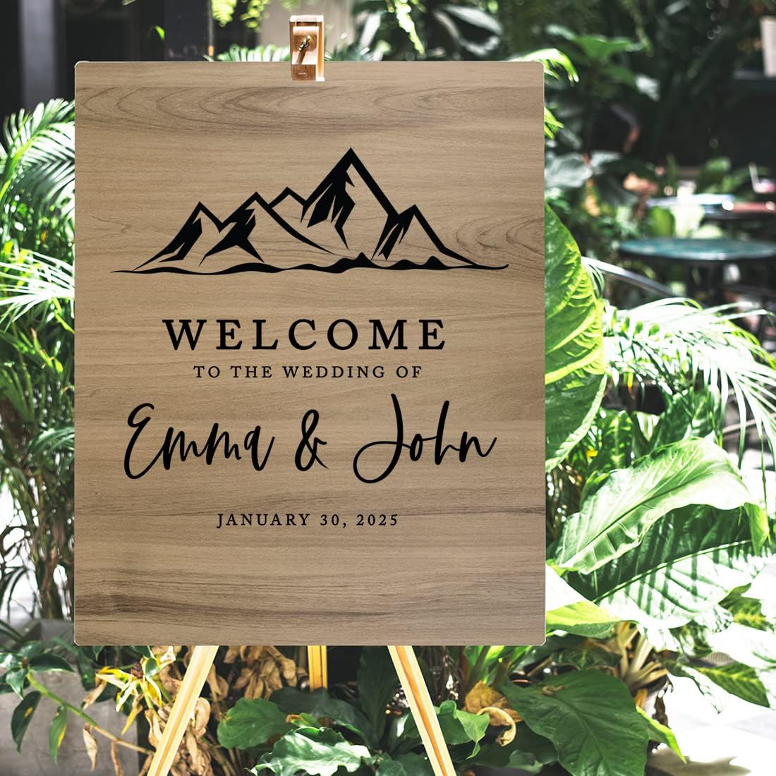 Andaz Press Large Wooden Welcome Sign for Wedding, Rustic Welcome Sign 16" x 20" Custom Names Minimal Mountains Wedding Signage English Oak MDF Wood Finish Wedding Reception Indoor Outdoor Signs