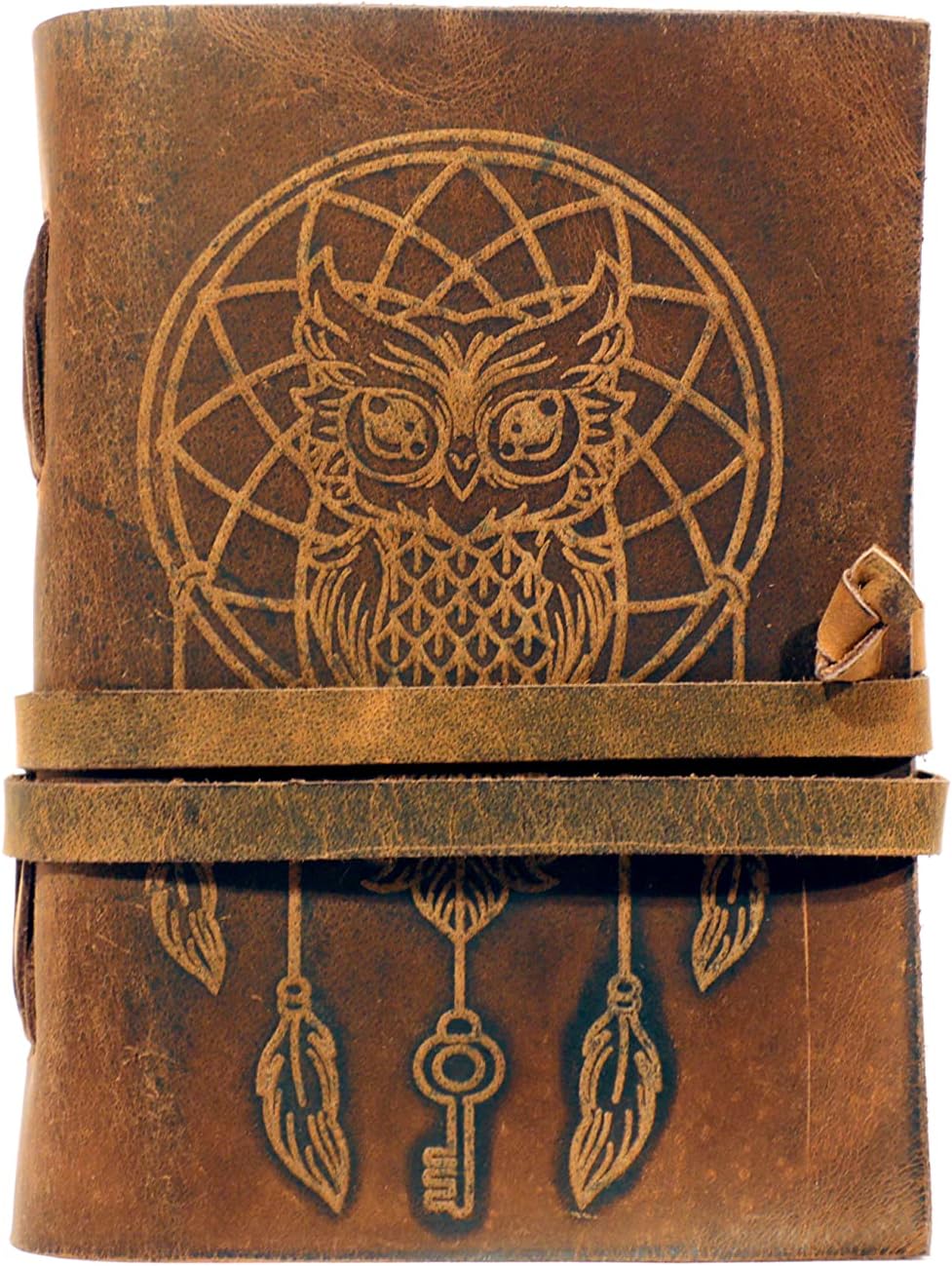 Urooj Handicraft Book Of Shadows journal blank dream catcher with owl leather witchcraft books grimoire spell sketchbook college poetry personal notebooks (Owl Brown)
