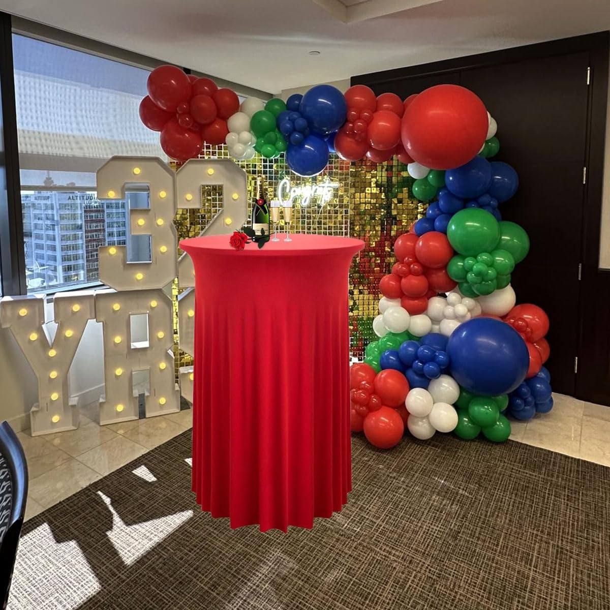 Albassa 4 Pack Cocktail Table Covers 32"x 43" Spandex Stretch Round Cocktail Tablecloths with Wavy Drapes Fitted High Top Bar Table Skirt for Wedding Party Banquet (Red, 4 PCS)