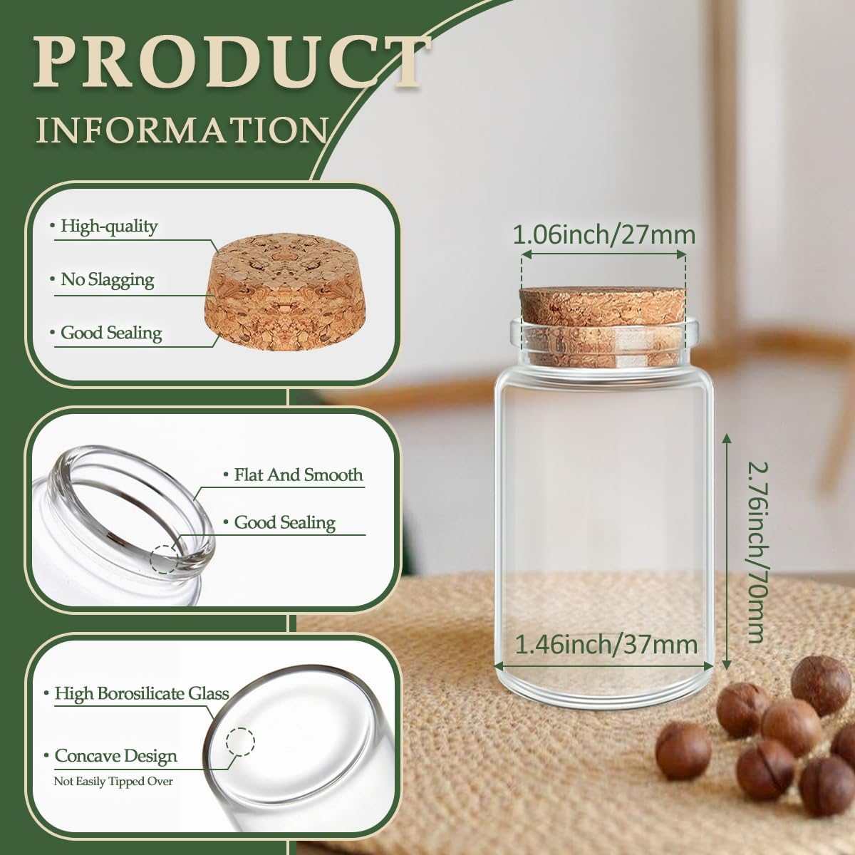 JIUYUE 10 pcs 50 ml Small Glass Bottles with Cork,Jars with Cork Lids(1.69 oz-1.45x2.75 inch)