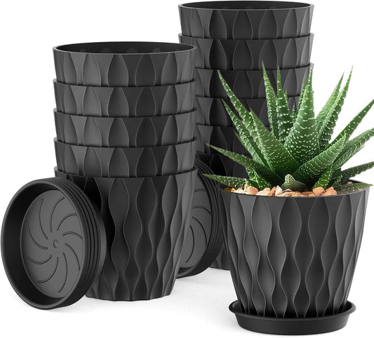 12 Pack 4 Inch Small Plant Pots with Saucers, Waffle Texture Plastic Planters with Drainage Holes for Indoor and Outdoor Plants, Flowers, Herbs, Succulents, and Seedlings, Black