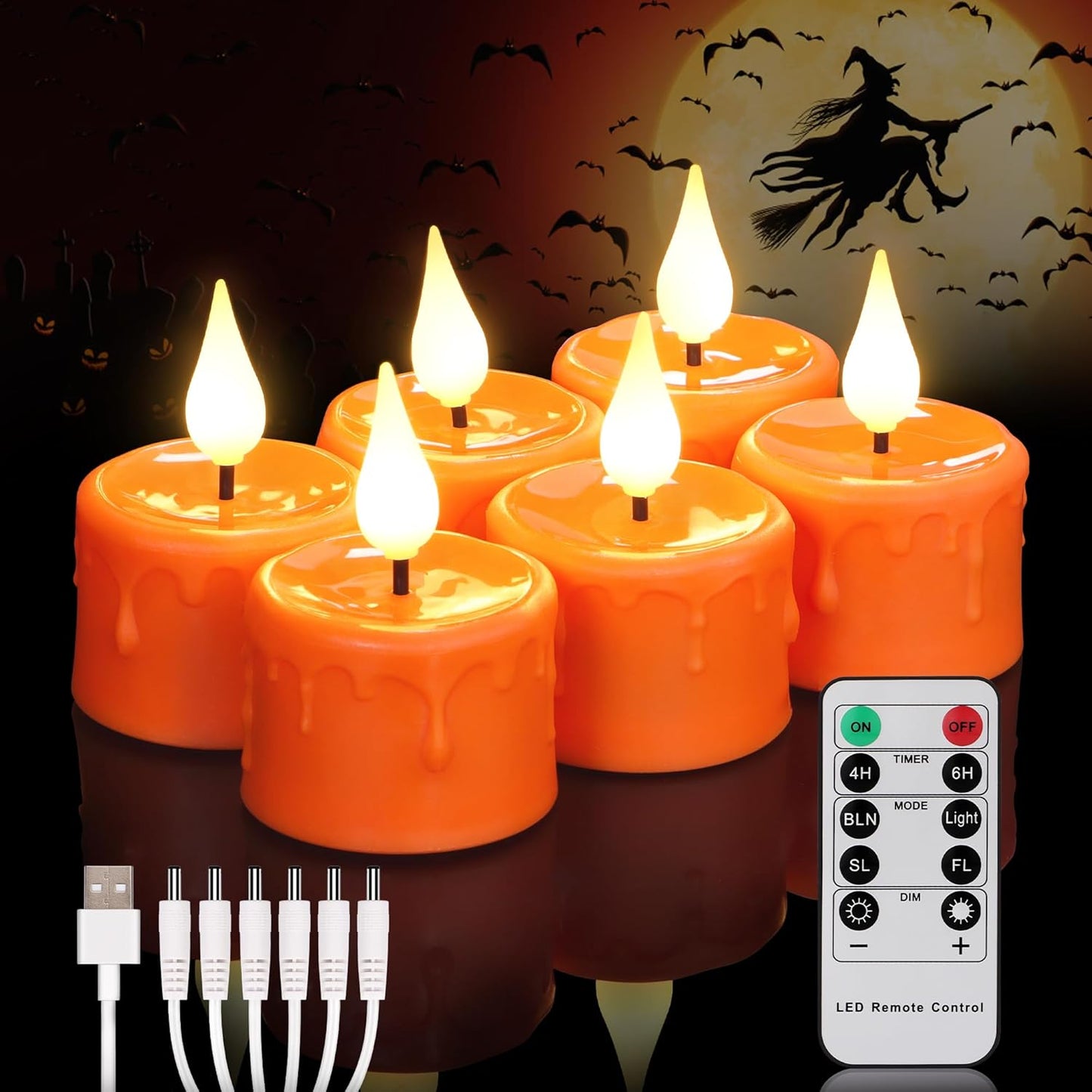 FREEPOWER Orange Halloween Candles,Rechargeable Flameless Candles with Remote Timer, Soft 3D Wick LED Tealights Candle, Rechargeable Candles Flickering Realistic for Halloween Decorations,Set of 6