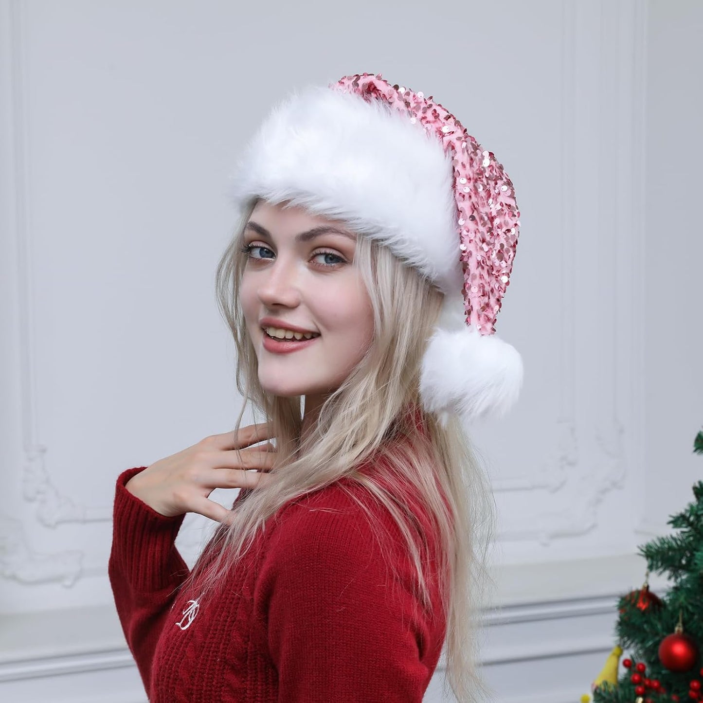 Personalized Sequin Santa Hat for Adults, Red Glitter Christmas Party Hat, Xmas Halloween New Year Holiday Headwear