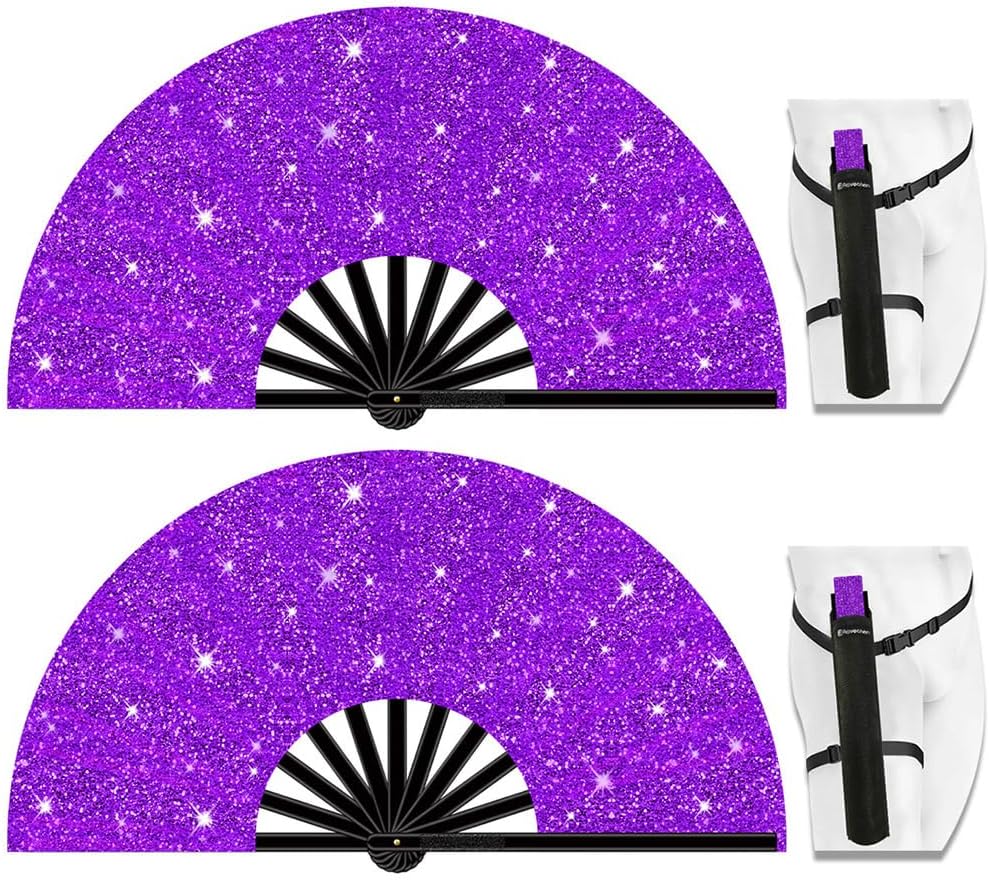 13" Large Folding Rave Fan with Holster, Clack Hand Fans Foldable for Line Dancing, Boots On The Ground Fan for Women Men Festival EDM Party Decoration, Glitter Purple 2 Pack