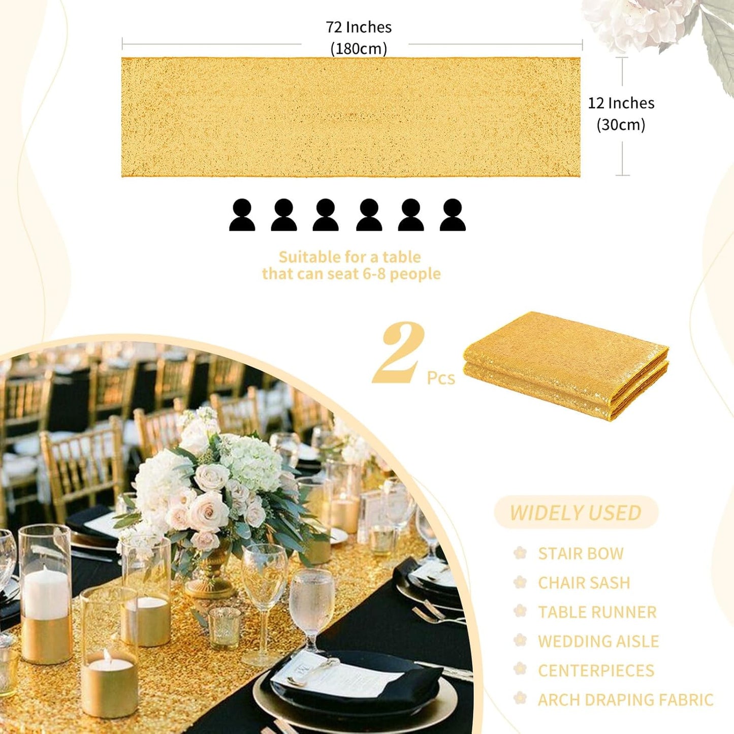 Sequin Table Runners 2 Pieces Gold Table Runners 12x72 Inch Glitter Dining Table Cover for Party Wedding Birthday Reception Banquet Decoration Spring Party Chair Sashes