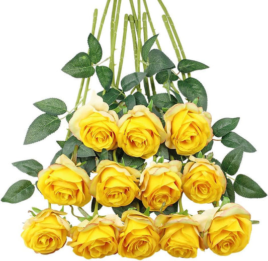 Tifuly Yellow Roses Artificial Flowers -12 pcs Realistic Single Long Stem Fake Silk Roses Bouquet for Party Home Wedding Centerpiece Office DIY Decor