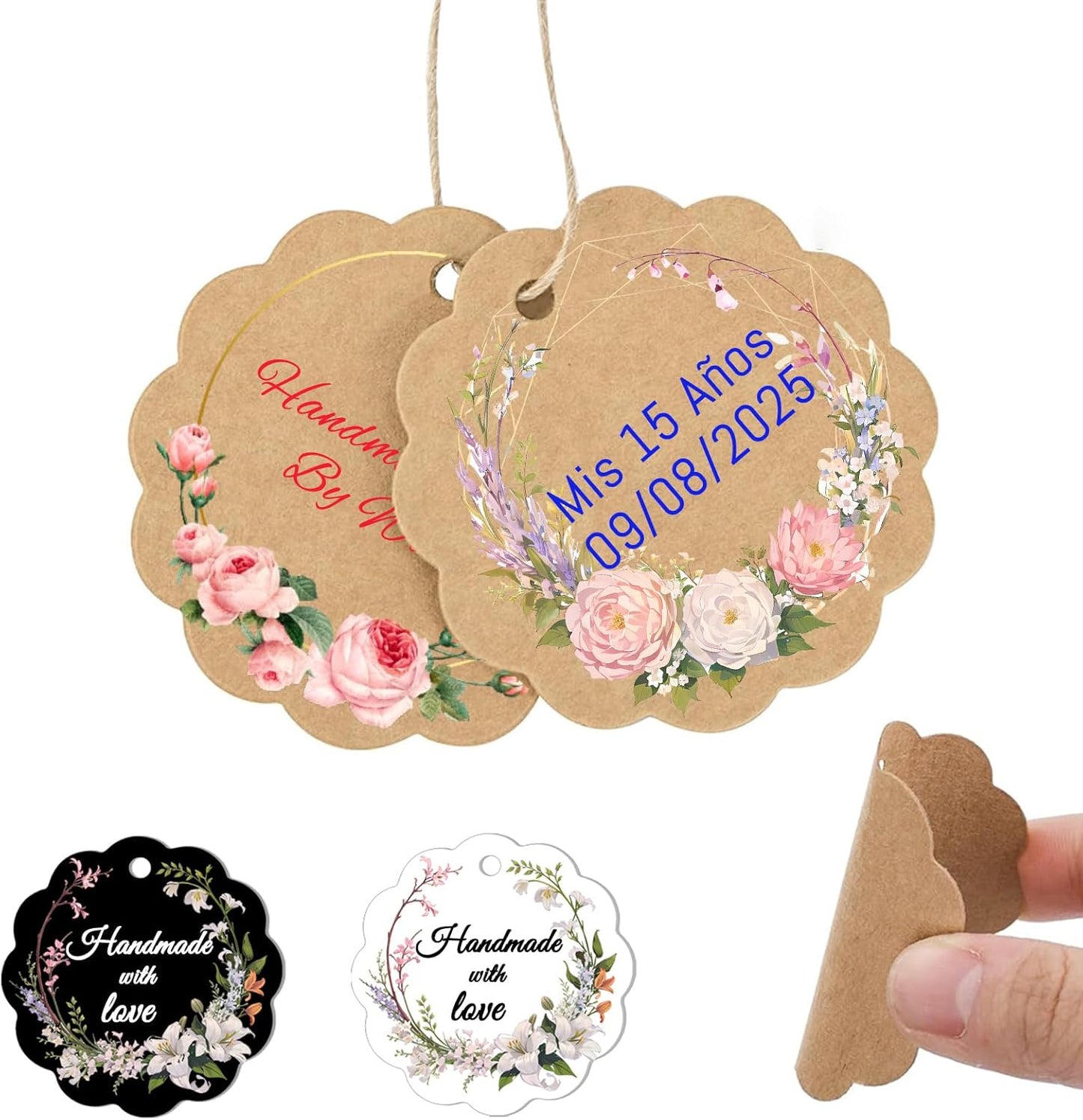 Custom Gift Tag, Personalized Favor Label, Kraft Wrapping Decoration, Wedding Supplies Birthday Party Craft, Thick Paper Hang Card with String (Flower Shape)