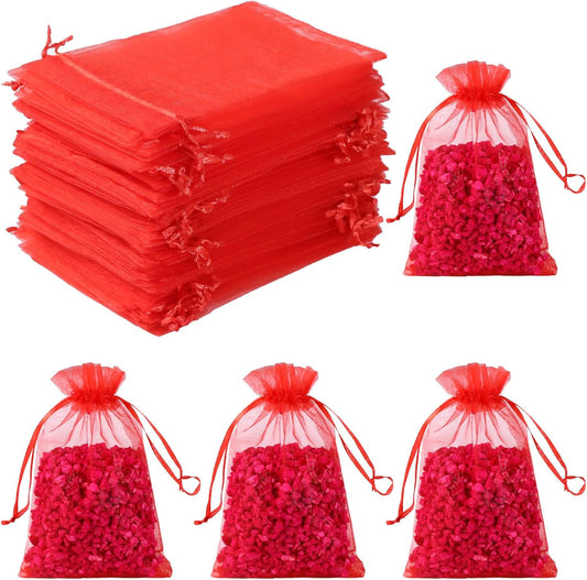 Hopttreely 50pcs Organza Gift Bags, Red Jewelry Gift Bags, 4x6inch Wedding Favor Bags with Drawstring, Small Mesh Gift Pouches Mini Candy Bags for Valentienes Party