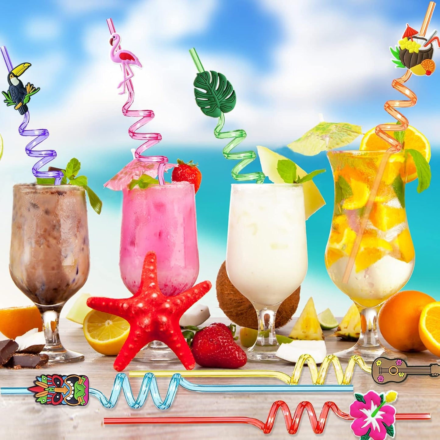 Hawaiian Luau Party Favor Drinking Straws (24 Pcs) Summer Beach Pool Birthday Party Supplies Reusable Plastic Drink Straw for Tropical Luau Party (2 Pcs Cleaning Brushes inside)…