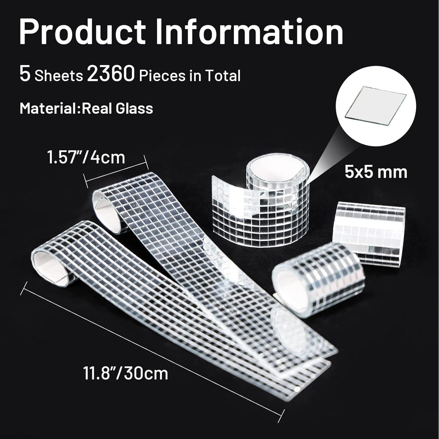 PP OPOUNT 2360 PCS Self Adhesive Mosaic Tiles, 5 x 5 mm Disco Tiles, Square Mirror Mosaic Tiles for Interior Decoration, DIY Disco Ball, Card Making and Art Collage