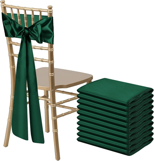 10 PCS Forest Green Satin Chair Sashes Bows Universal Chair Ribbon Ties Back Sash for Wedding Party Reception Events Banquets Hotel Event Chair Cover Decoration (7x108 inch)