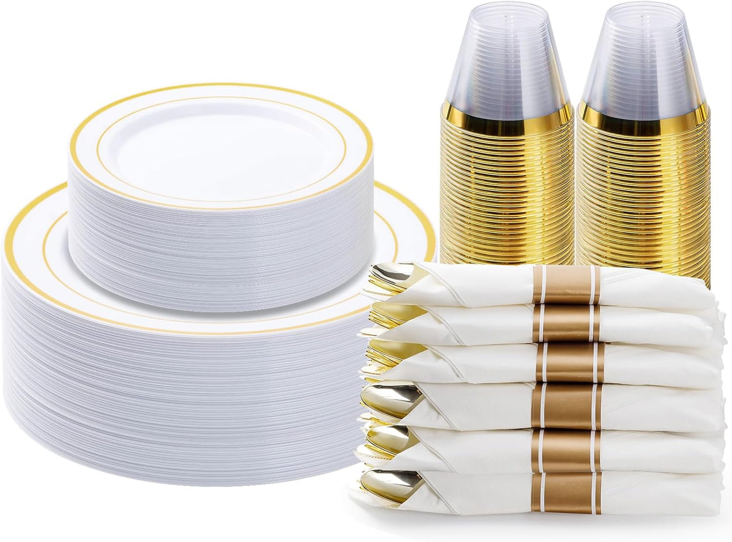 BESTVIP 175PCS Gold Plastic Dinnerware Set, Disposable Party Plates for 25 Guests, Include: 50 Plastic Plates, 25 Pre Rolled Napkins with Gold Silverware, 25 Cups for Christmas, Halloween