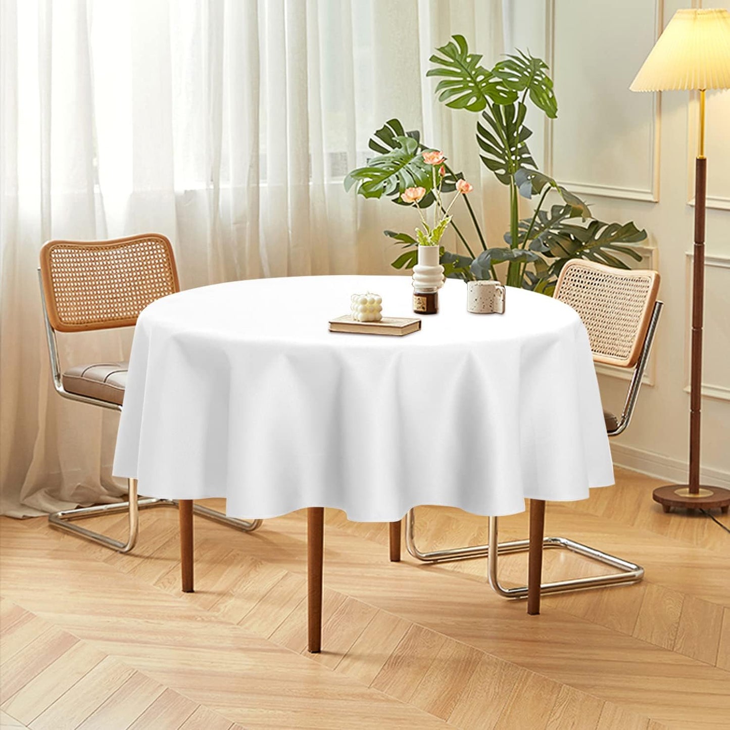 sancua 2 Pack Round Tablecloth 60 Inch White (Fits 20-48 Inch Tables), Stain and Wrinkle Resistant Table Cloth - Washable Polyester Table Cover for Dining Tables, Buffet Parties and Camping