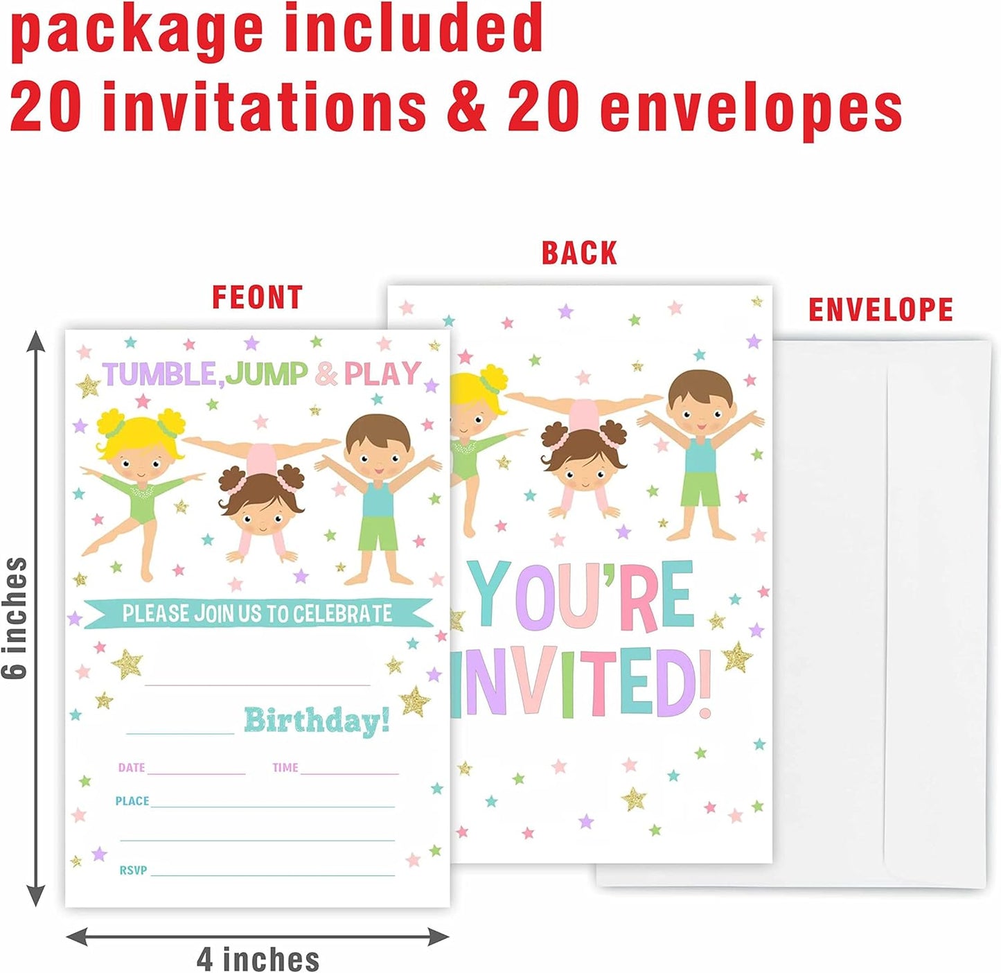 Gymnastics Birthday Party Invitation, Tumble Jump & Play Invite Cards（20 Count) With Envelopes, Fill In Style Invite Cards For Boys, Girls, Kids, Birthday Party Supplies-A46