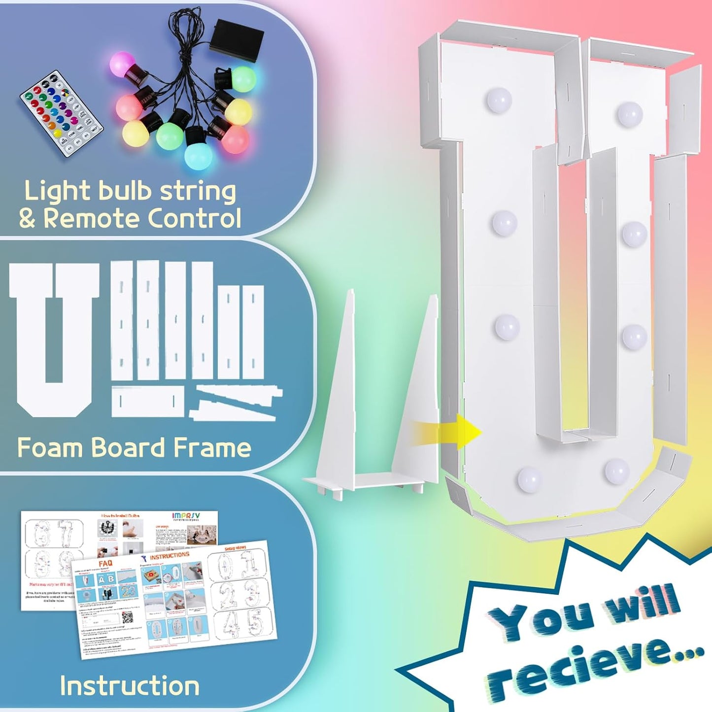 imprsv 3FT Colorful Marquee Light Up Letters U, 18 Colors Light Up Sign Alphabet Sign with Remote, One Letters First Birthday, Large Letters for Birthday Engagement Anniversary Wedding Party Decor