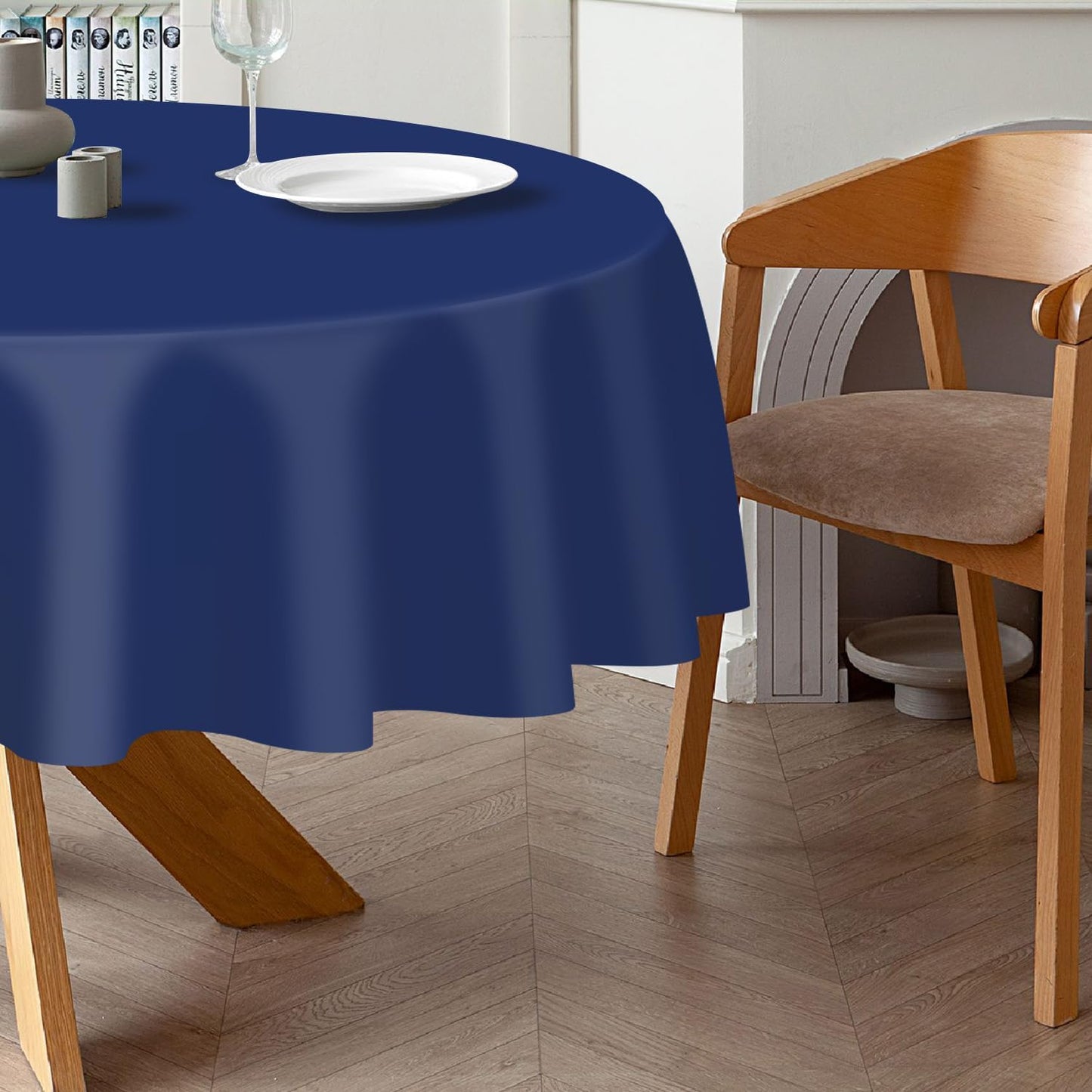 QIKSION Navy Blue Round Tablecloth 2 Pack, 84 Inch Plastic Table Cover Disposable for Parties