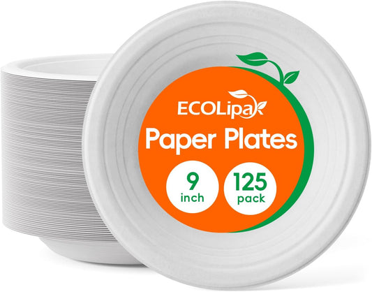 ECOLipak 125 Pack Paper Plates 9 inch 100% Compostable Heavy-Duty Dinner Plates Disposable Bagasse Deep Dish Natural Biodegradable Eco-Friendly Sugarcane(White)