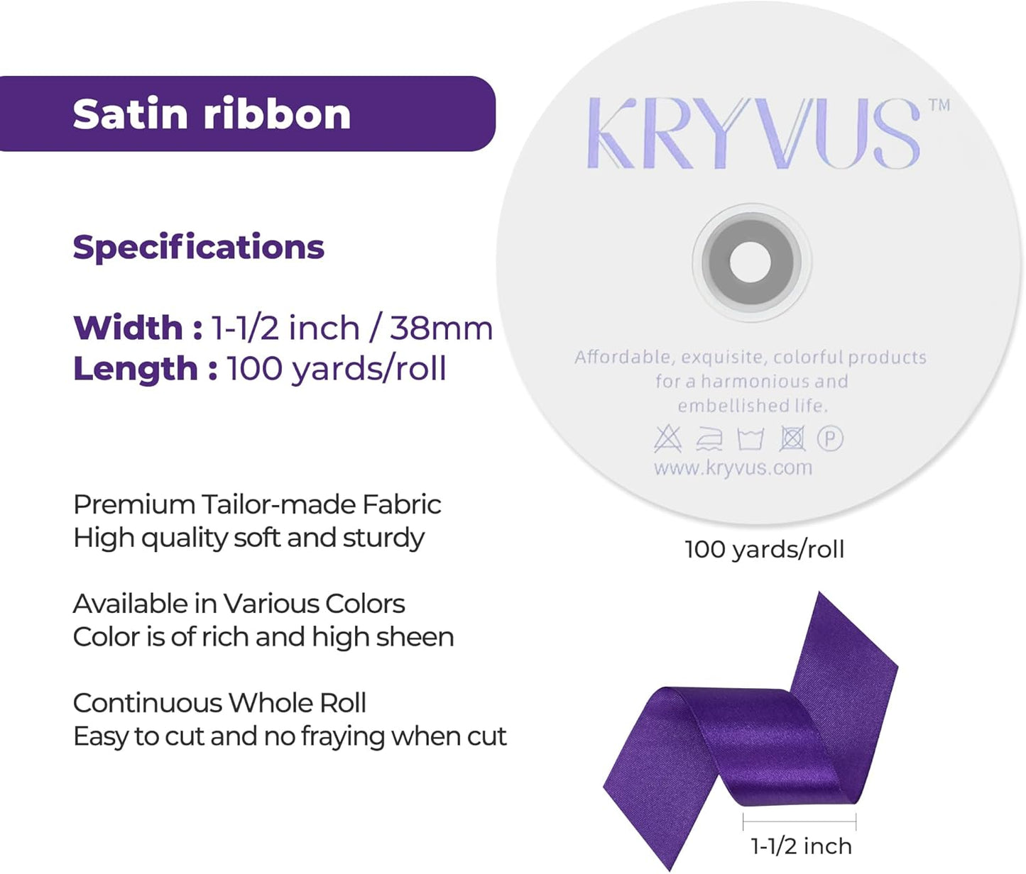 Purple Satin Ribbon 1-1/2 inch X Continuous 100 Yards, Single Face Polyester Ribbon Perfect for Gift Wrapping, Flower Bouquet, Wedding Decor, Crafts, Bow Making, Sewing and More