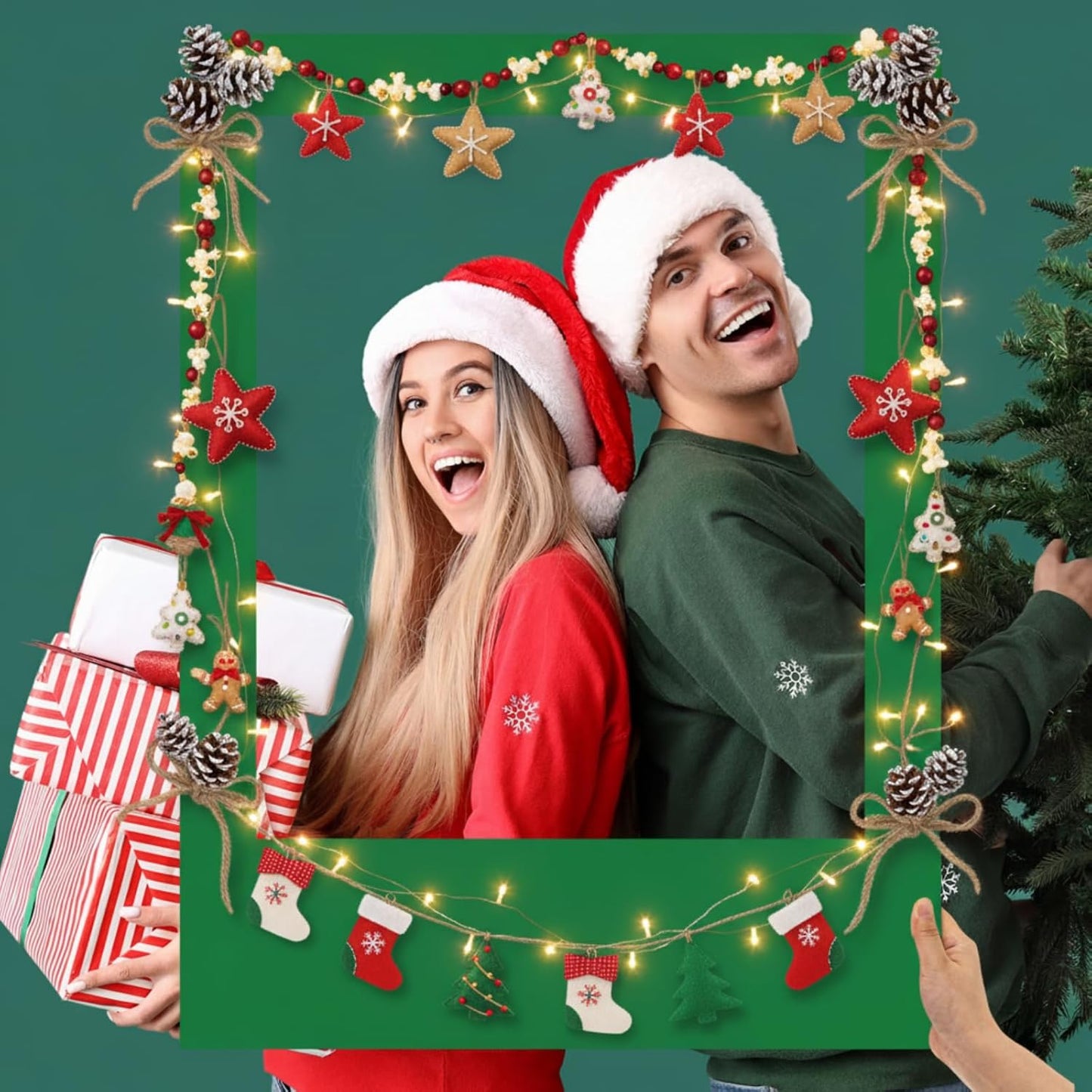 32 x 24 Inch Large Blank DIY Photo Booth Props Picture Frame Party Frame DIY Photo Booth Props Selfie for Halloween Christmas Birthday, Holiday Party(Green,Christmas)