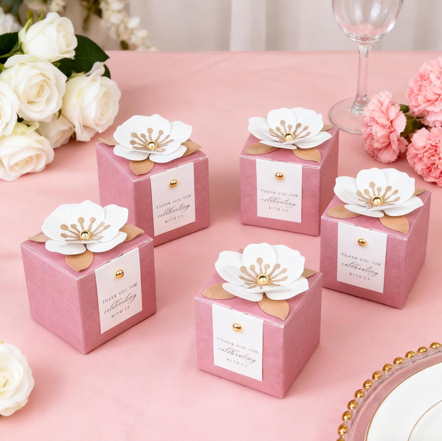 FEIYI 20 PCS Candy Boxes, 3 In 1Dusty Rose Favor Boxes with Floral Decor, White Thank You Tags Gift wrapping for Wedding Birthday Baby Shower Decorations Party -2.55x2.55x2.55''