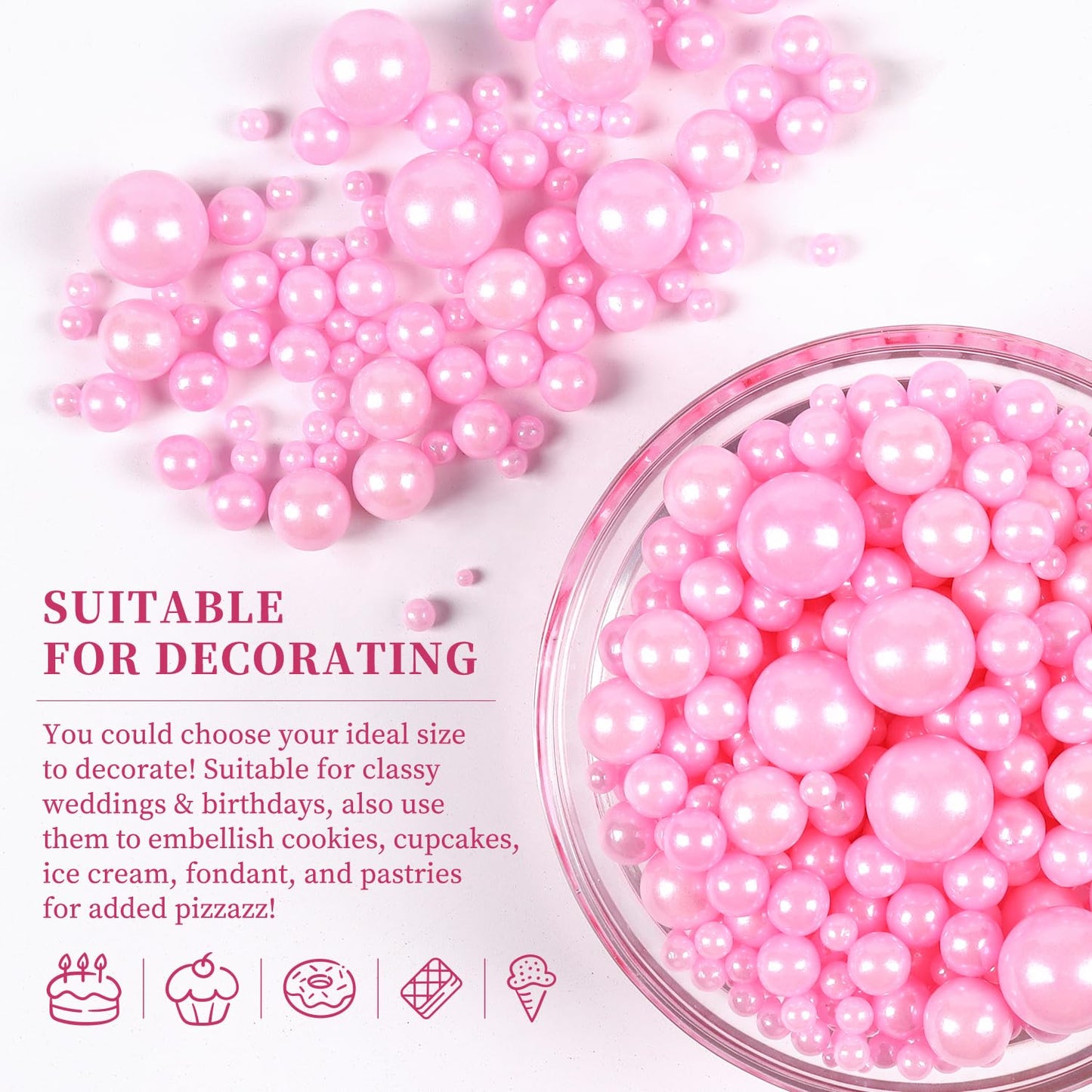 Edible Pearls for Cake Decorating, Pink Sprinkles, Pink Pearl Sprinkles for Cookies, Macaron, Cake, and Ice Cream Topping, Perfect for Valentine's, Holidays, and Baby Shower.120g(4.23oz)