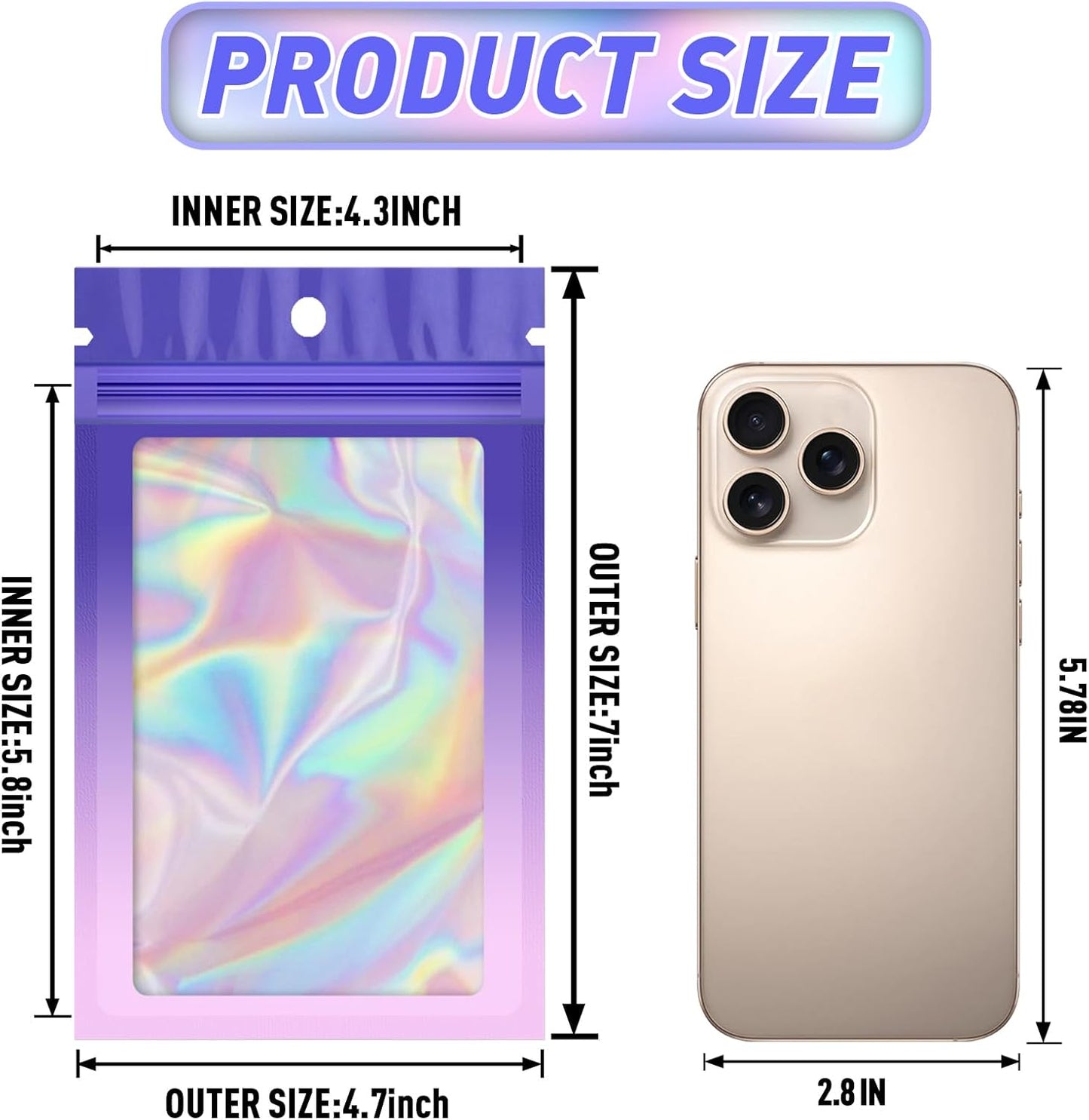 Funfery 100 Pack Holographic Bags,Resealable Bag with Zipper,Clear Window Packaging Pouch,Foil Bags for Food Storage,Sample Jewelry Baggies(4.7×7in,Purple Pink)