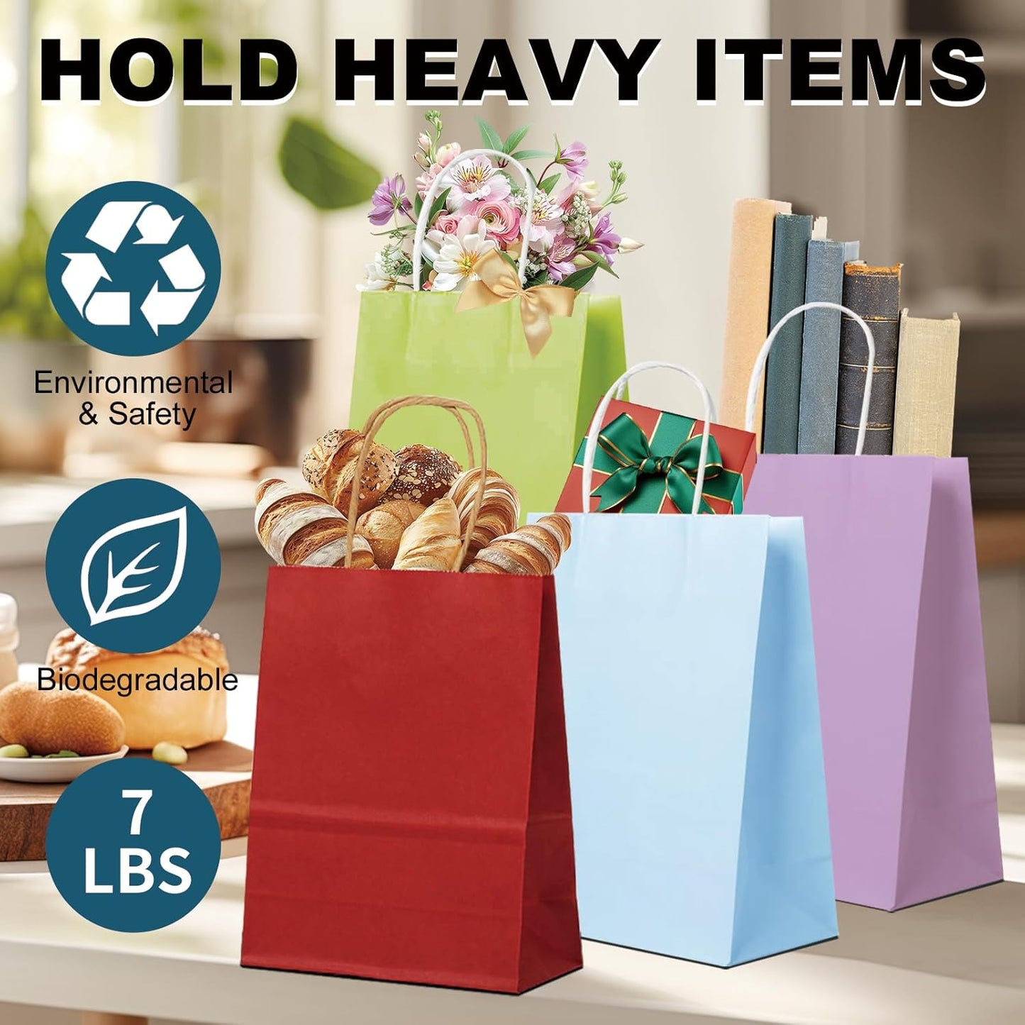 BAG BOX 100 Pack Medium 8.25x4.3x10.6 Inch Blue Kraft Paper Gift Bags with Handles for Bulk Shopping, Retail, Craft, Party Favors, Wedding, Grocery & Sacks