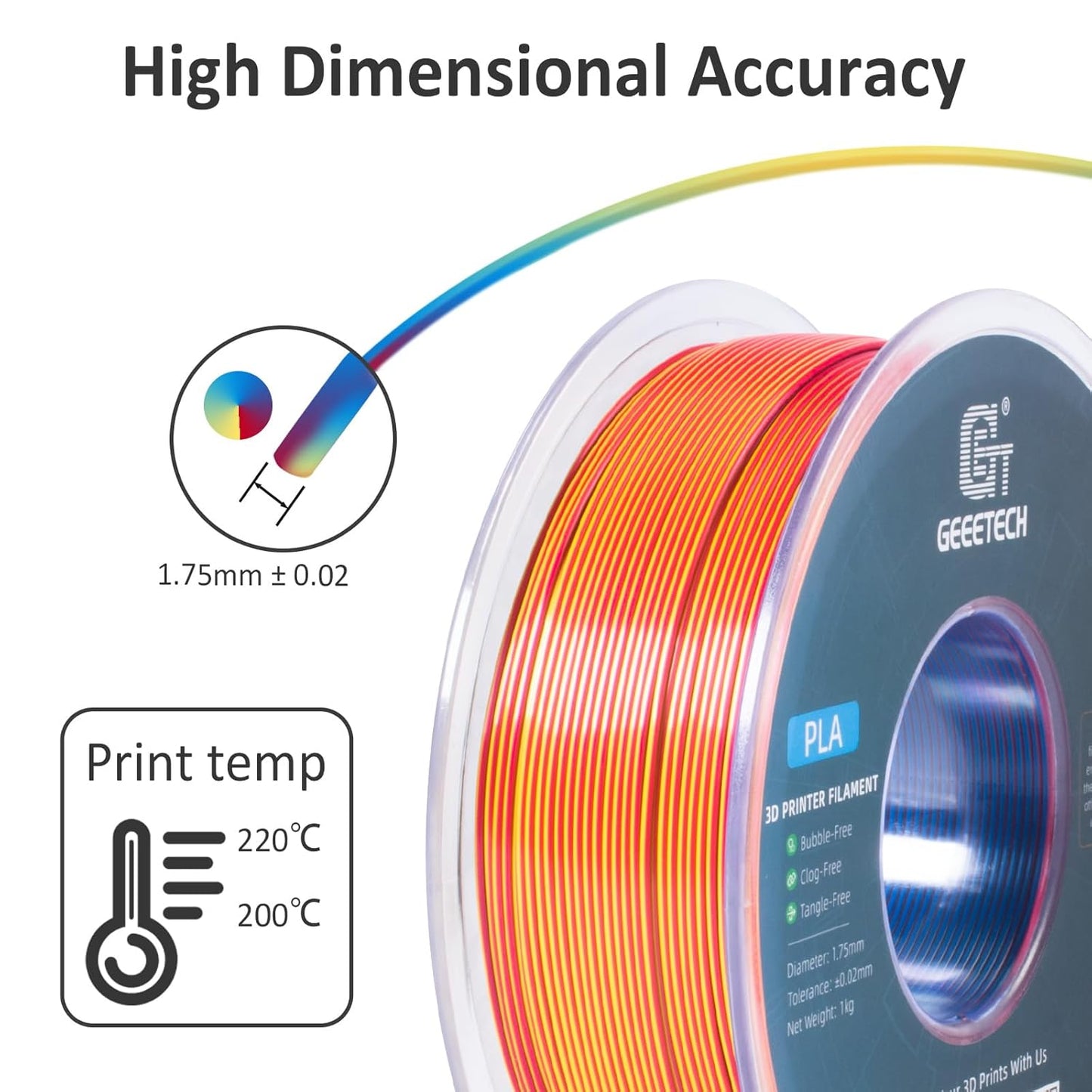 Geeetech 3D Printer Silk PLA Tri-Color Filament, Metal-Like Shiny Silk Filament 1.75mm 1kg (2.2lbs) Spool, Dimensional Accuracy +/- 0.02 mm, Tri-Color Red Yellow Blue