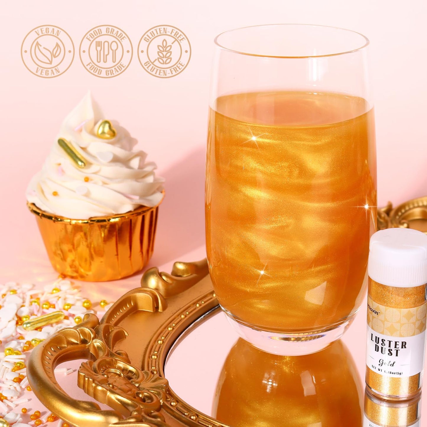 Gold Edible Glitter for Drinks, 5g Luster Dust Edible for Food, Perfect for Cake Decorating, Cocktails, Cupcakes, Drinks, Chocolate, Strawberries(0.18oz, Gold)