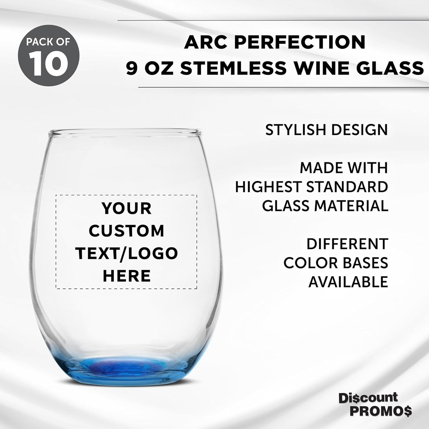 Custom Stemless Wine Glass 9 oz. Set of 10, Personalized Bulk Pack - Great for Wedding Favors, Bachelorette Party Decorations, Party Favors, Color Bottom - Blue