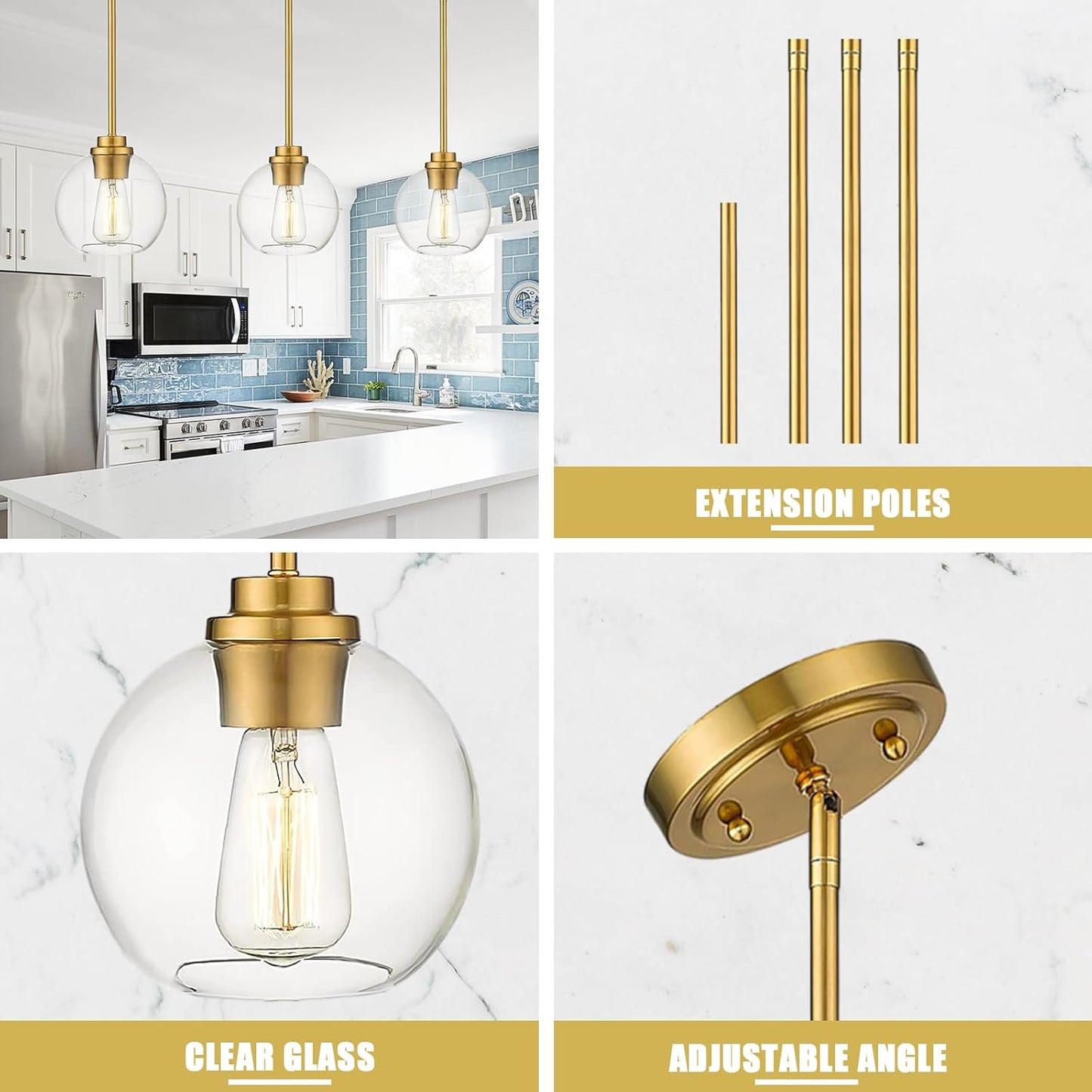 Globe Glass Pendant Lights Kitchen Island, Farmhouse Gold Pendant Lights with Clear Glass Shade,Adjustable Hanging Light Fixture for Dining Room, Entryway, Bedroom 2 Pack