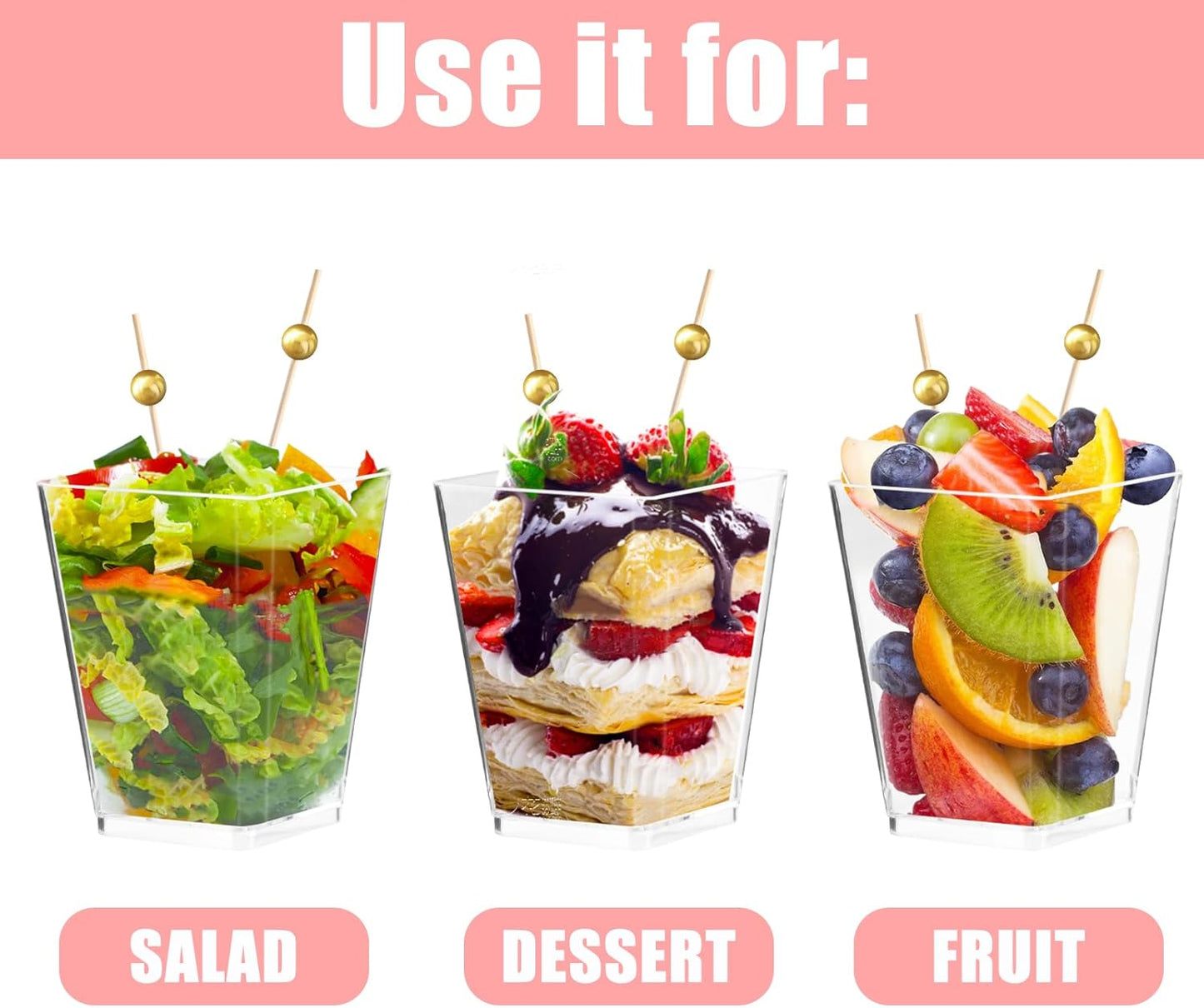 Kosotody 150 Pcs 5 OZ Dessert Cups with Spoons Cocktail Picks, Square Appetizer Cups Clear Mini Mini Party Serving Cups for Party Appetizers Pudding Yogurt Ice Cream Fruit