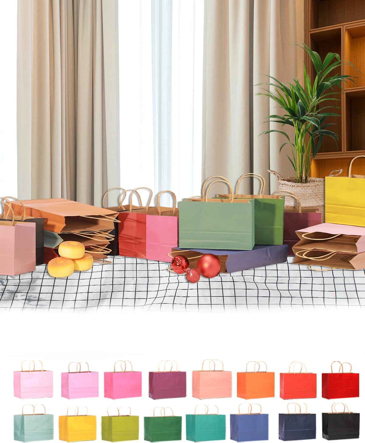 qiqee 100Pcs Wide Large Paper Gift Bags with Handles - 13"x4.5"x10" Kraft Small Party Bags - 16 Solid Colors