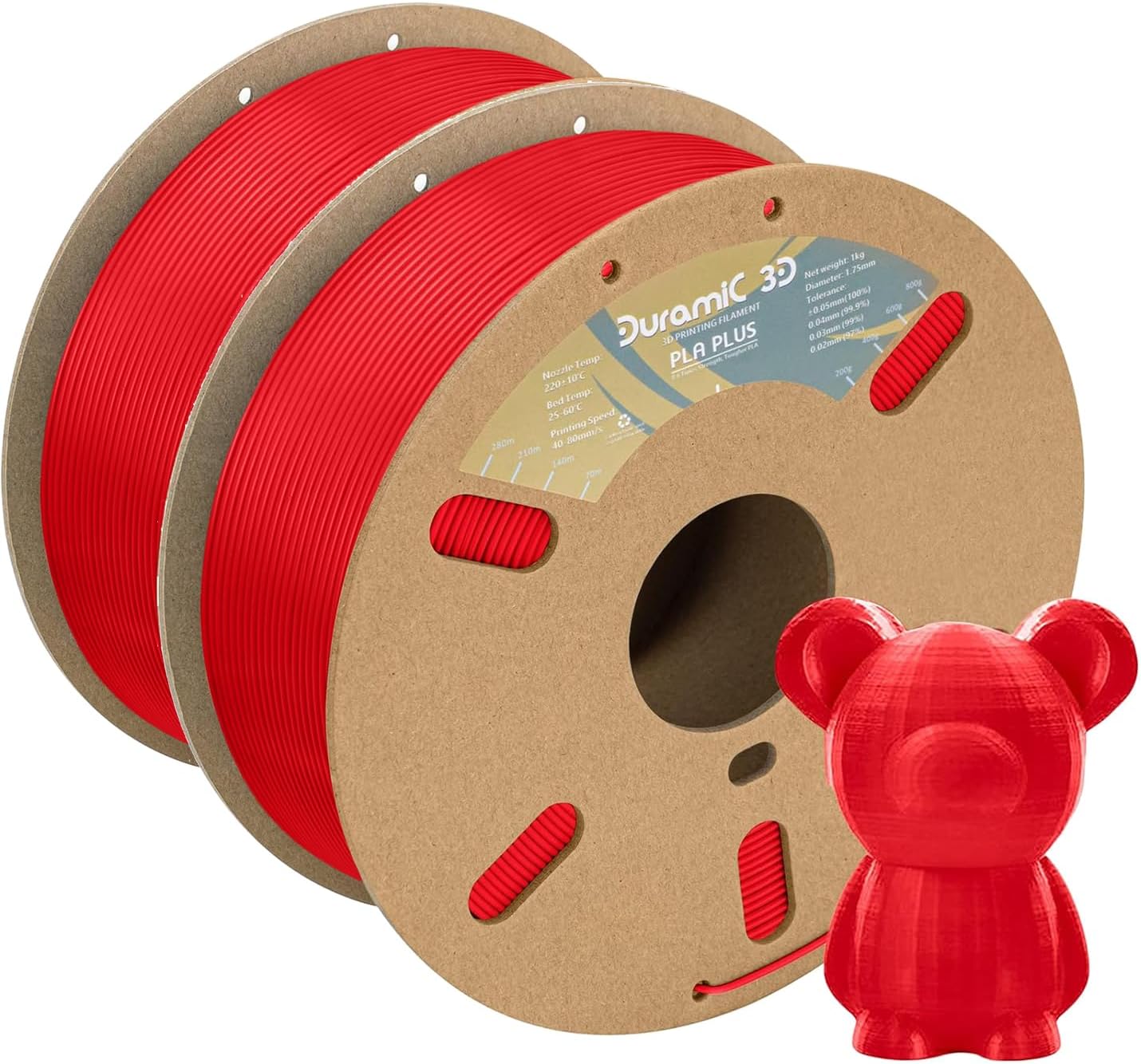 DURAMIC 3D PLA+ Filament 1.75mm 2Kg Red, PLA Plus Filament 2 Pack 1kg Spool(2.2lbs) Tougher and Stronger, Dimensional Accuracy Probability +/- 0.02mm