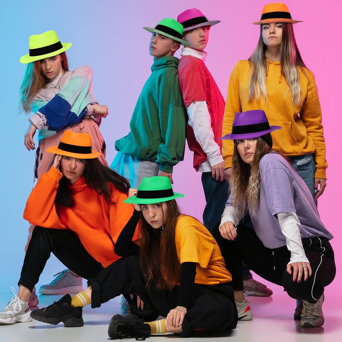 48 Pieces Neon Mafia Style Party Hats - Bright Dress Hats for Gangster Music Disco Birthday, Photo Booth Props and Favors