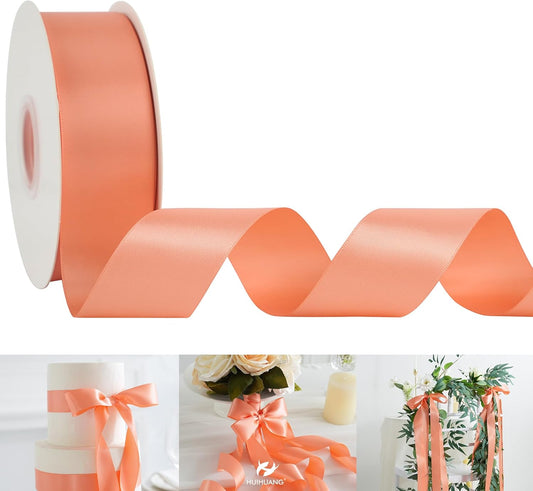 HUIHUANG Peach Satin Ribbon 1-1/2 inch x 50 Yards Peach Color Double-Faced Satin Ribbon for Gift Wrapping, Bows, Flower Bouquet, Eternal Roses, Crafts, Bridal Shower Wedding Decor