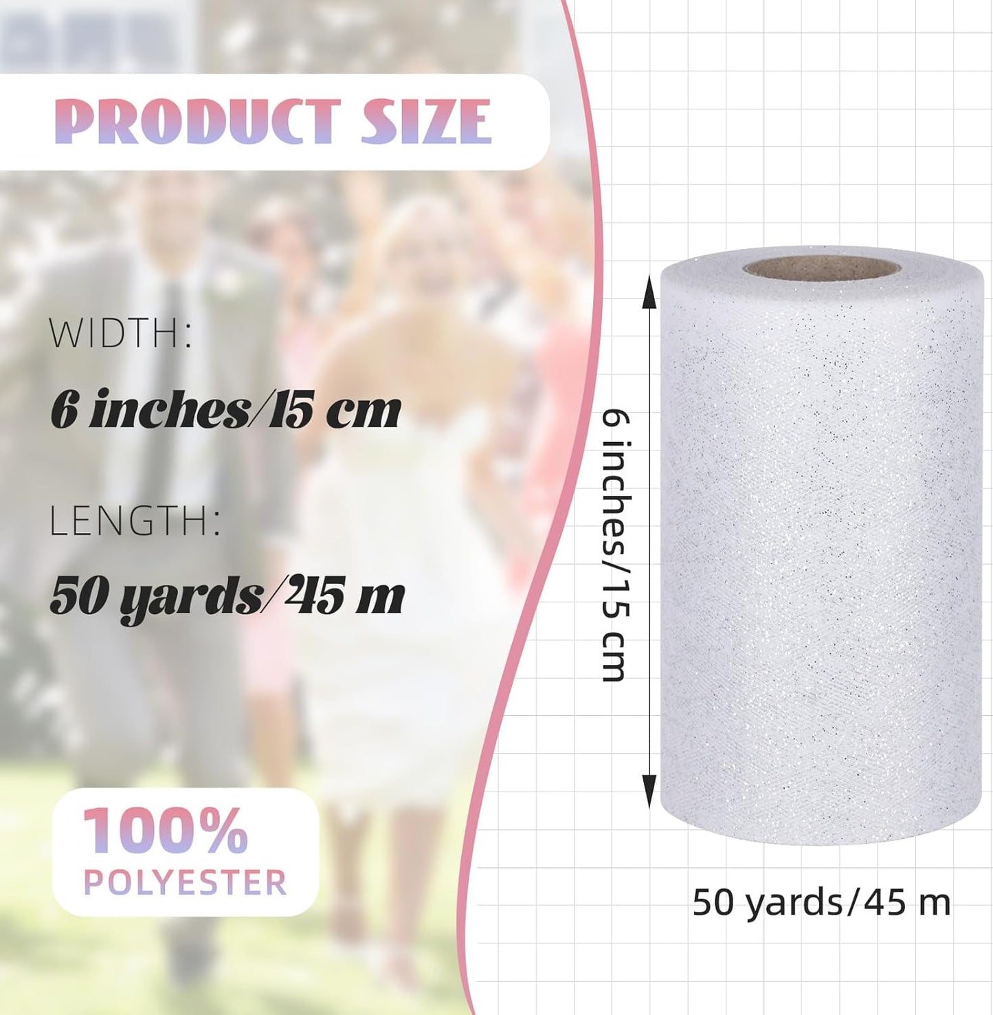 Glitter Tulle Rolls 6” by 50 Yards Sparkle Tulles Fabric Ribbon Sequin Tulle Netting Rolls for DIY Tutu Skirt Wedding Birthday Party Decoration (White/Silver-New)