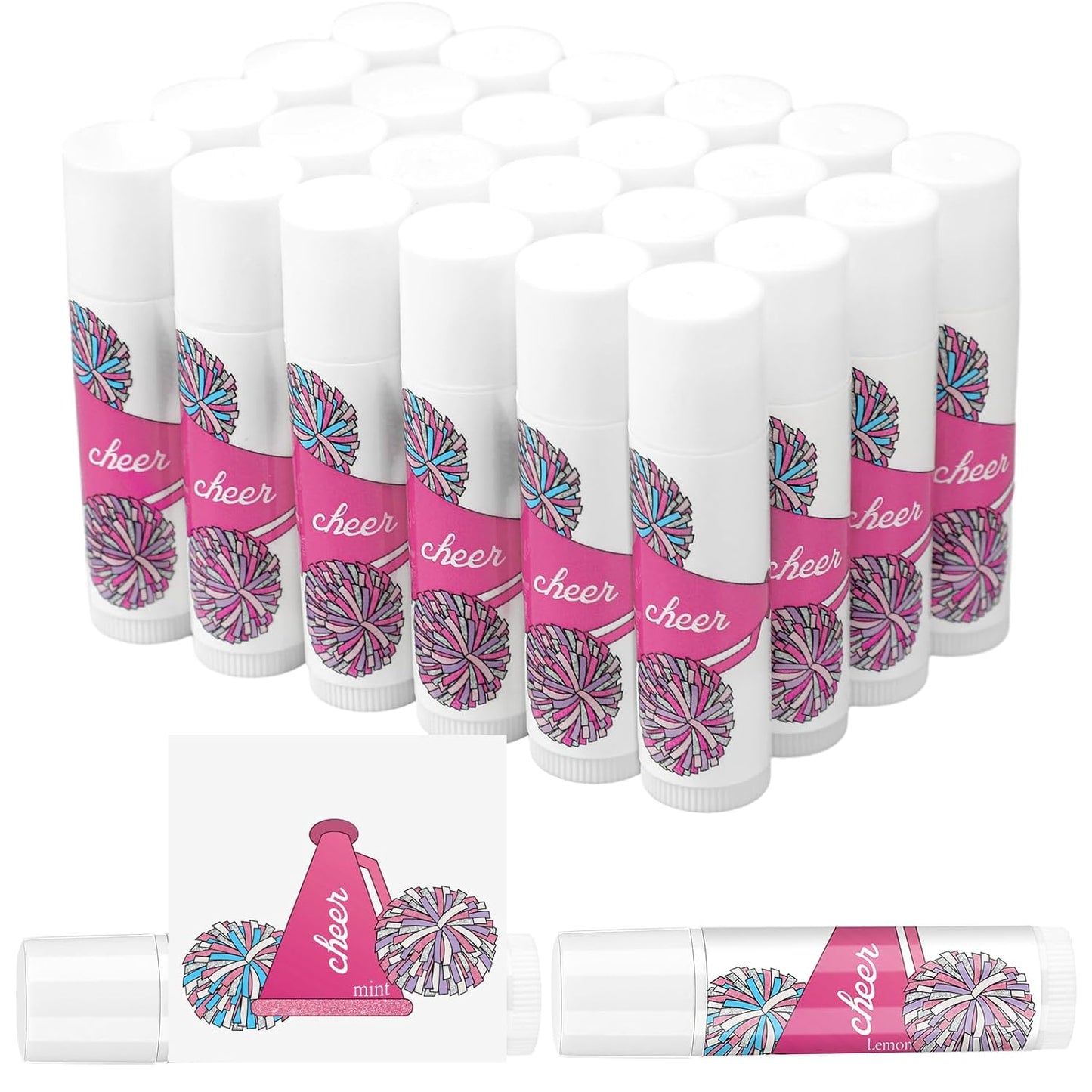 24 Pcs Cheer Lip Balm Cheer Teams Camp Gifts Pom Pom Leaders Party Favors Gear Lip Balm Mom Gift for Competitive Party Guest Supplies(Pink)