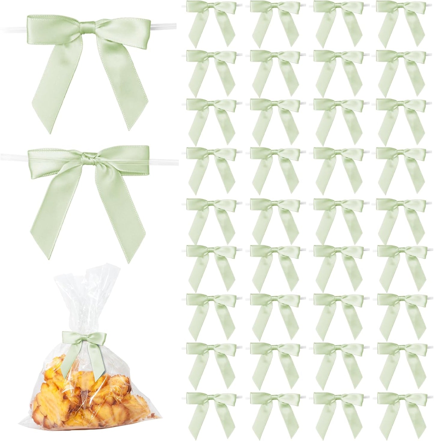 50Pcs Olive Green Twist Tie Bows for Gift Wrapping 2.5" Satin Ribbon Bow for Treat Bags Cake Balloons Birthday Party Favors Wedding Decorations