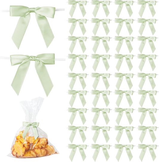 50Pcs Olive Green Twist Tie Bows for Gift Wrapping 2.5" Satin Ribbon Bow for Treat Bags Cake Balloons Birthday Party Favors Wedding Decorations
