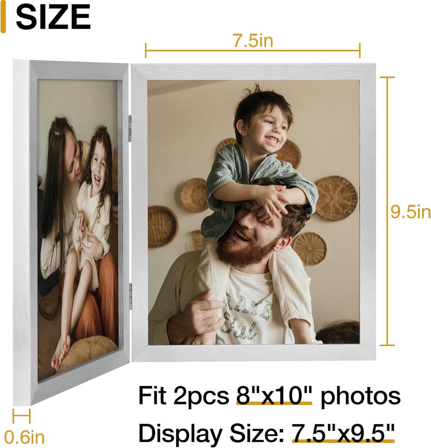 decorUhome Double 8x10 Picture Frame Vertical, Engineered Wood Bifold Photo Frame with Plexiglass for Tabletop Display, 8x10, Silver