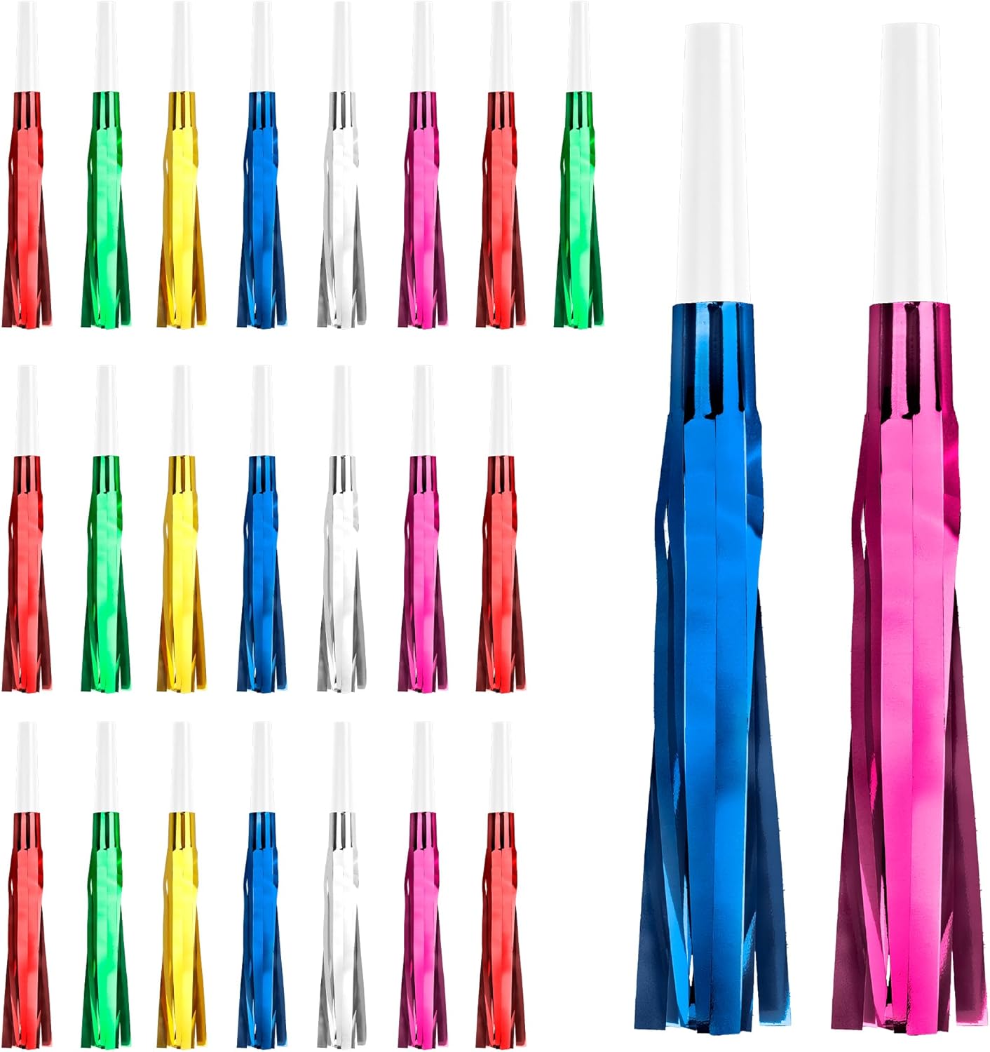 Noise Makers, 24 PCS Gold Noise Makers, Glitter Metallic Fringed Party Blowers Noisemakers Horns for Adults for 2025 New Year Eve Party Birthday Sporting Events Favor Supplies Decorations (Mixcolor)