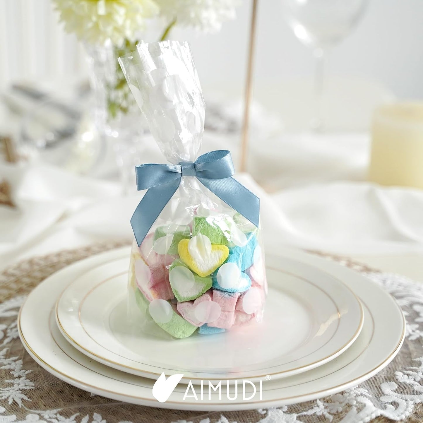 AIMUDI Dusty Blue Bows for Gift Wrapping Premade Satin Bows for Wedding Decor Pre Tied Twist Tie Bows Small Bows for Crafts Treat Bags Cake Pop Party Favors - 50 Counts