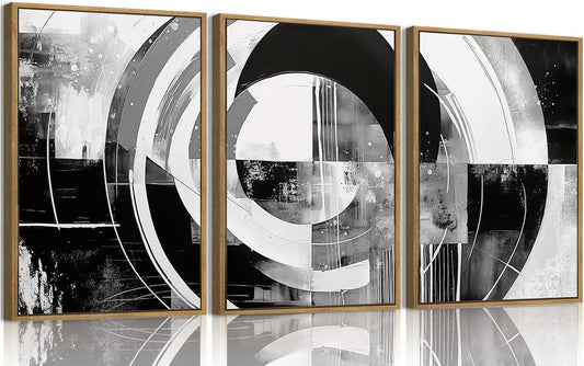 myusuar 3 Piece Large Modern Abstract Canvas Framed Wall Art For Living Room, Black And White Rings Minimalist Wall Art Decor Posters Prints For Bedroom Office, 12x16in