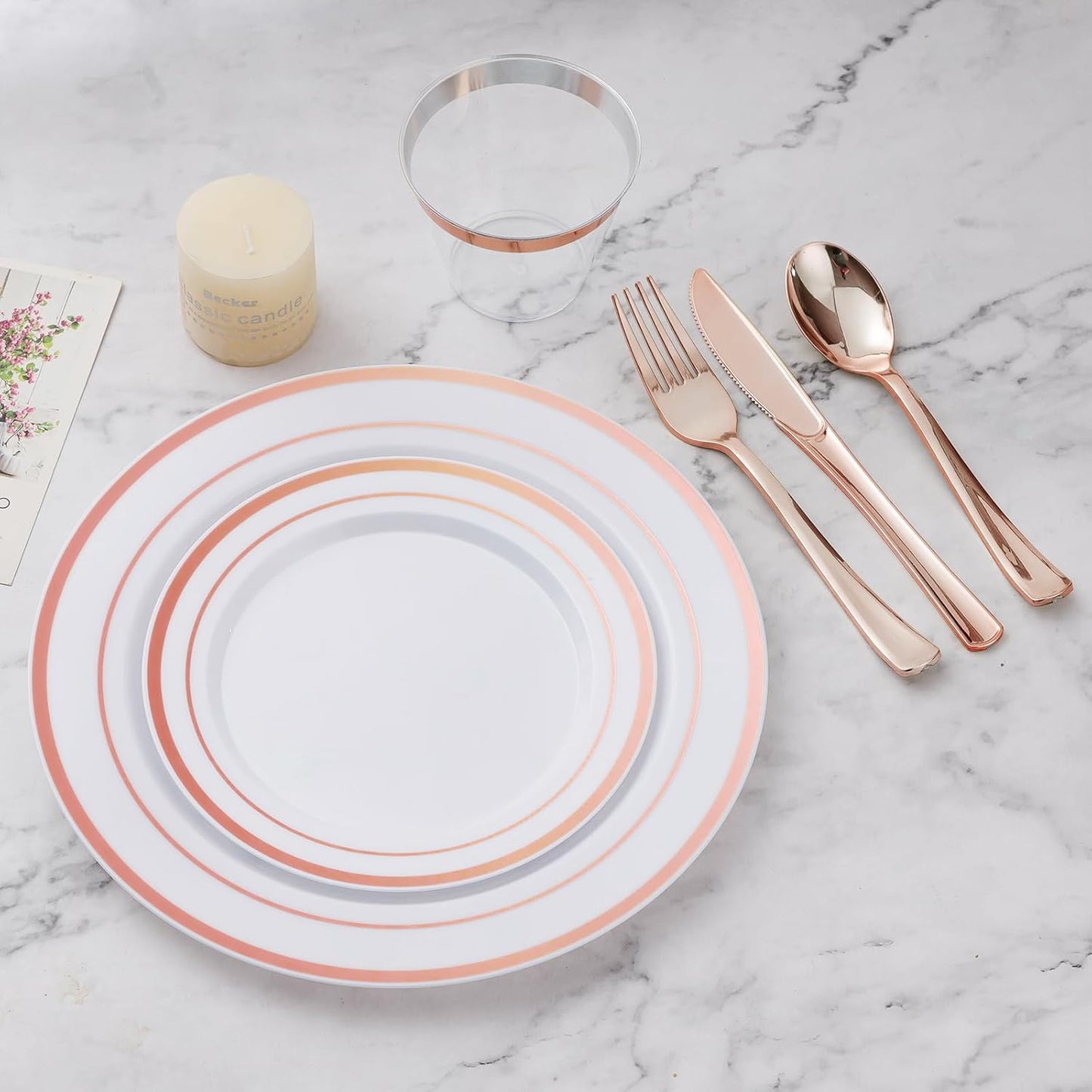 BESTVIP 300PCS Plastic Dinnerware Set (50 Guests), Rose Gold Disposable Plates for Party, Wedding, Christmas, Anniversary, Includes: Dinner Plates, Dessert Plates, Cups, Spoons, Forks and Knives