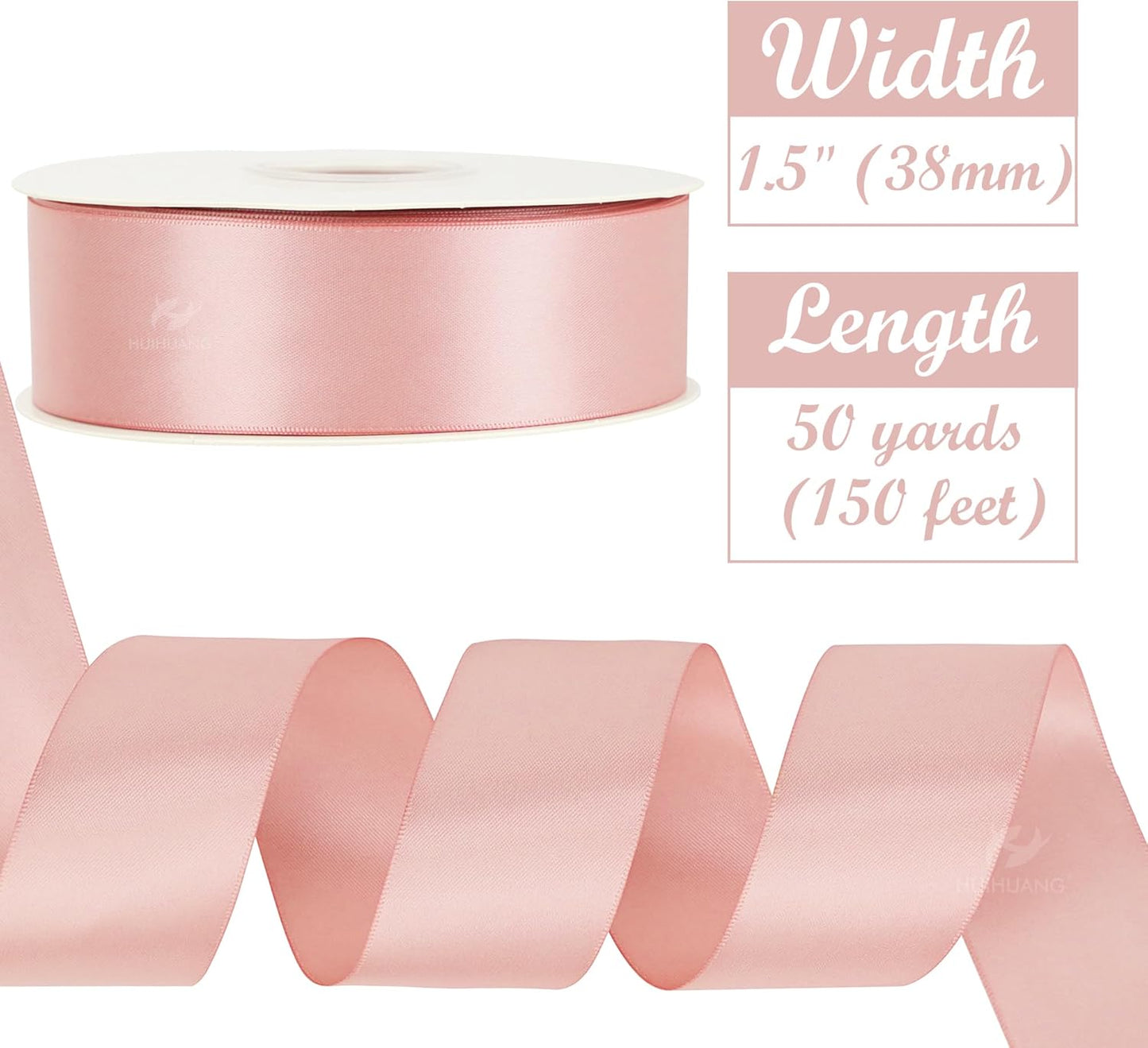 HUIHUANG Rose Pink Satin Ribbon - 1.5 inch Double Face, 50 Yards - Blush Pink Polyester Silk for Floral Bouquet, Wedding Invitations, Crafts, Gift Wrapping, Bows, Sewing, Party Decor