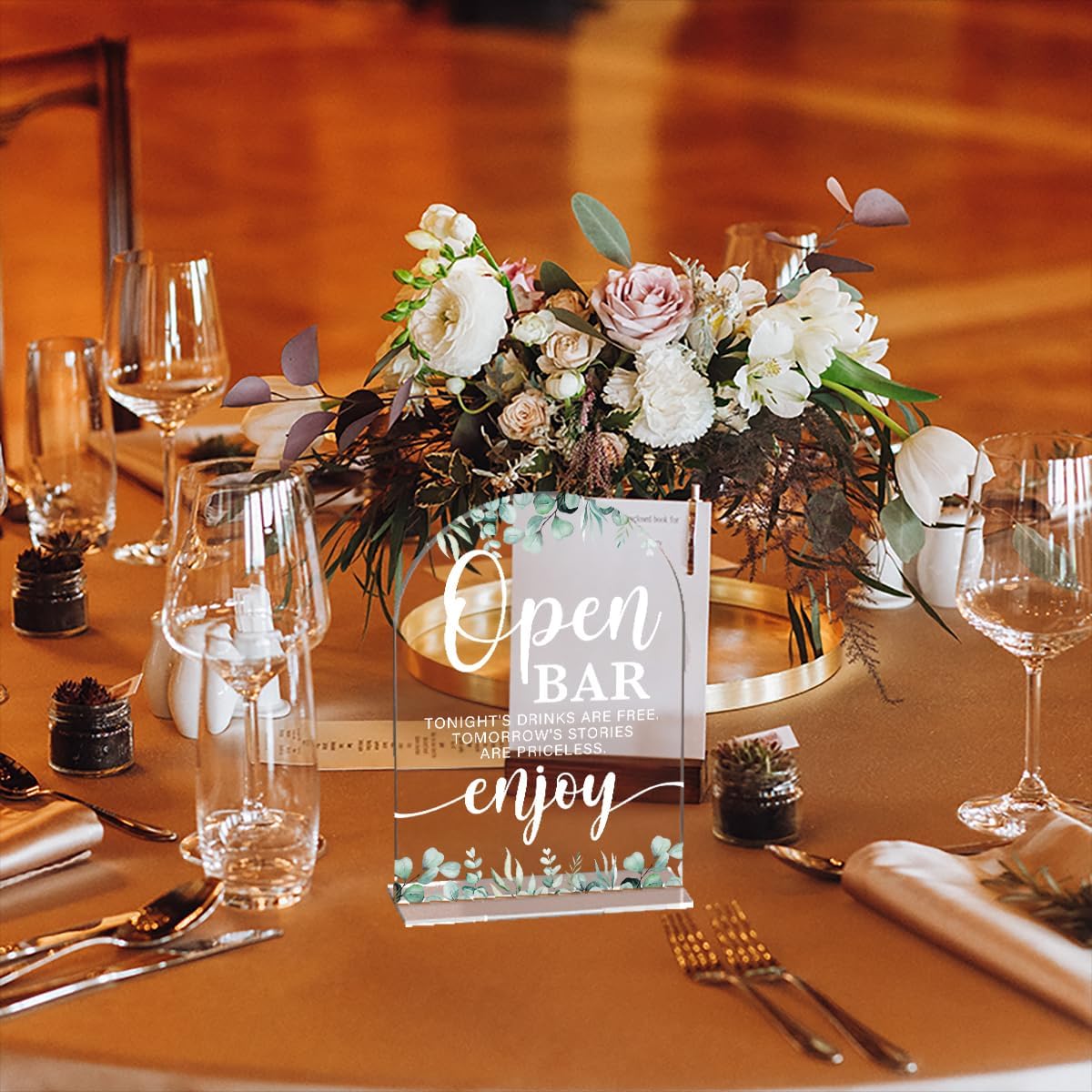 Acrylic Wedding Sign Open Bar Signs for Ceremony Modern Calligraphy Arch Acrylic Table Top Signs for Wedding Reception and Event Party Table Decor (Eucalyptus Leaves)