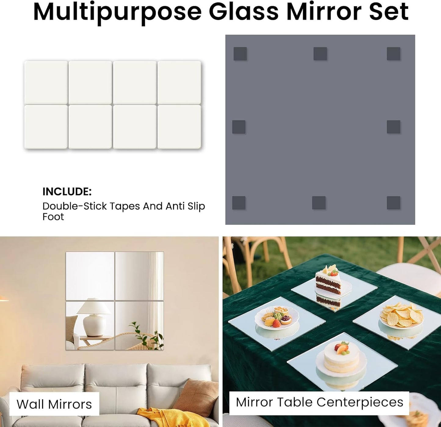 Square Glass Mirror Centerpieces, 12Pcs 12" Mirror Centerpieces for Tables, Glass Trays for Wedding Decorations, Parties, Baby Shower